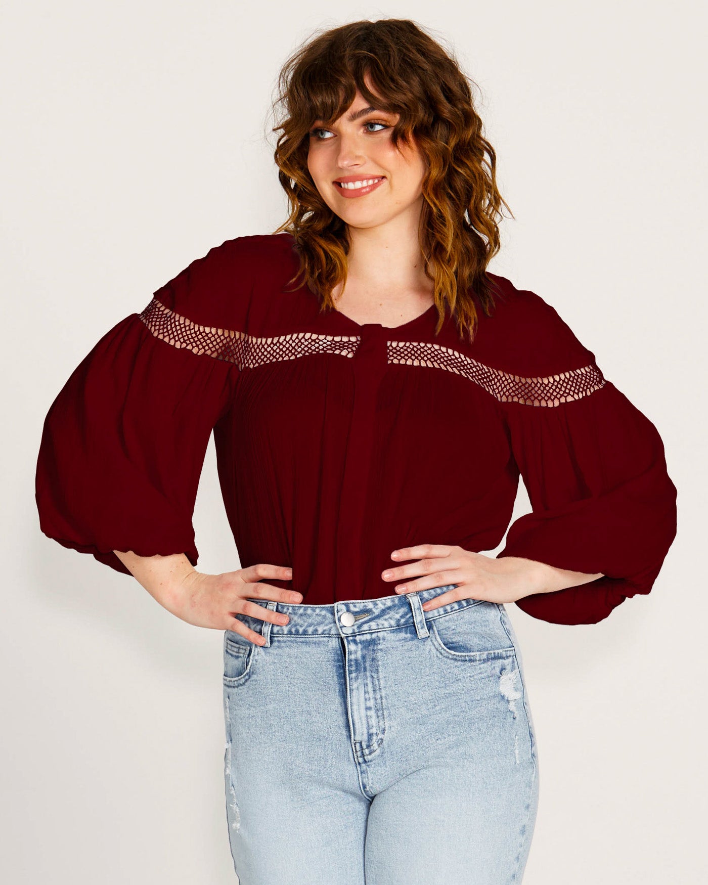 Rava Boho 3 4 Sleeve Boho Lace Top Wine Red Sass Clothing