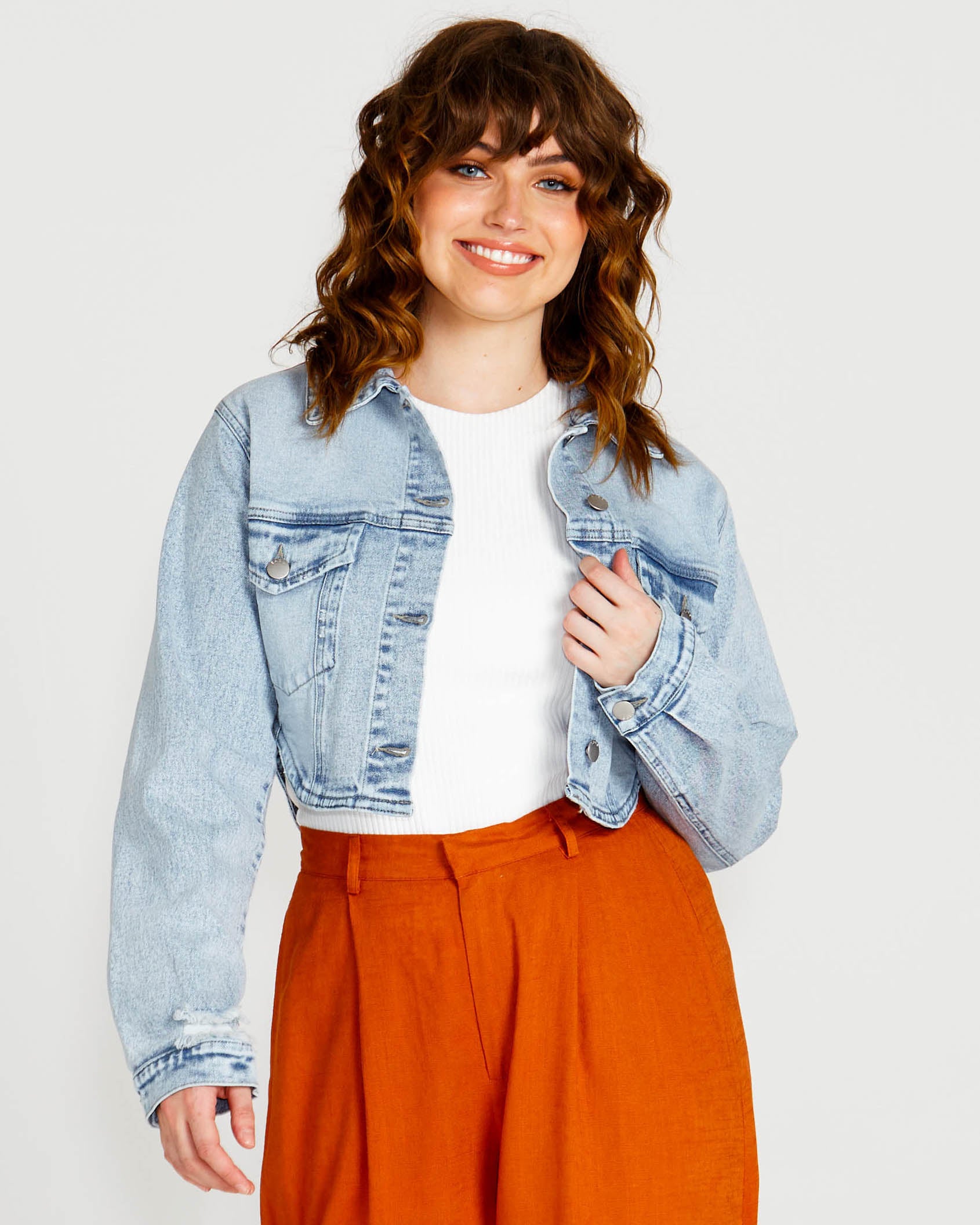 Orange cropped denim jacket cheap
