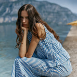 Aziza Gathered Tie Top - Blue/White Stripe