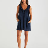 Belen Ruffled Neck Mini Dress - Navy