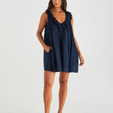 Belen Ruffled Neck Mini Dress - Navy