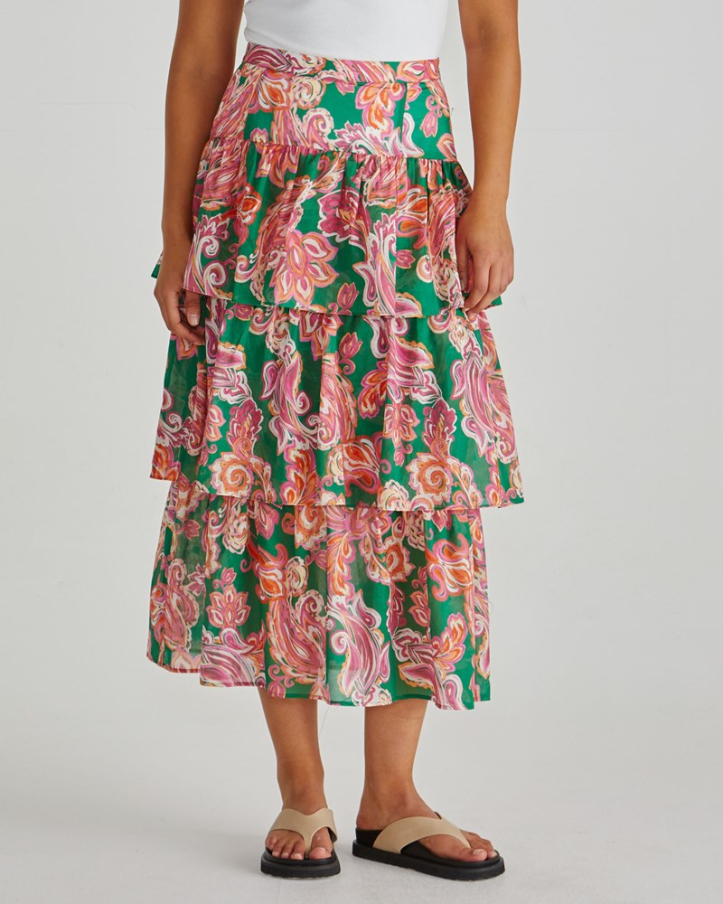 Malia Frill Layer Skirt - Pink Green Paisley