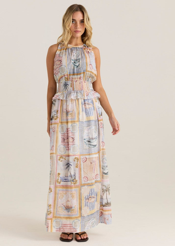 Reo Peplum Maxi Dress - Wayfarer Print