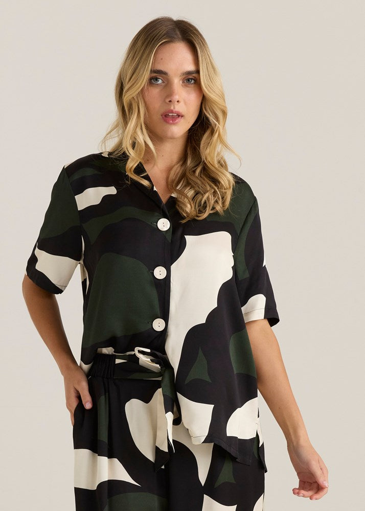 Tarni Satin Shirt - Iris Abstract Print