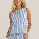 Aziza Gathered Tie Top - Blue/White Stripe