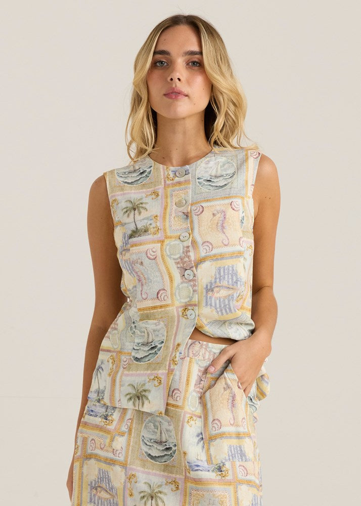 Reo Button Vest - Wayfarer Print