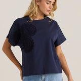 Mira Crochet Tee - Navy