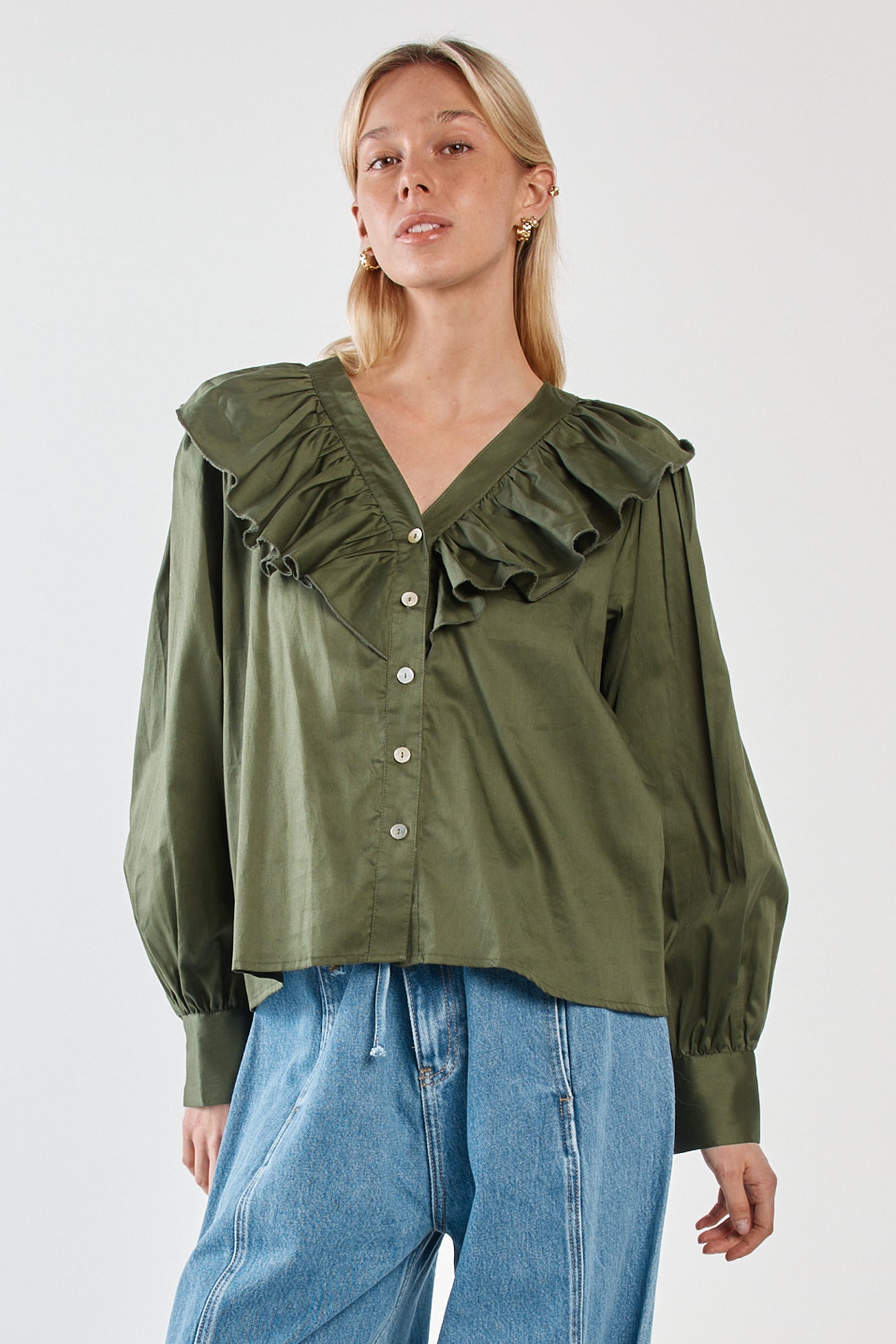 Artha Frill Blouse - Olive | Sass Clothing | Melbourne Designed