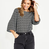 Nicolette Kimono Sleeve Top - Black/White Boho Animal