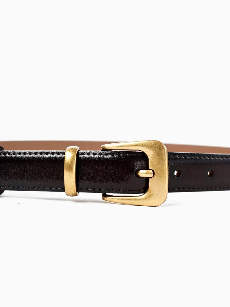 Greta Thin Genuine Leather Belt - Black