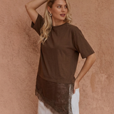 Arlo Jersey Lace Tee - Chocolate