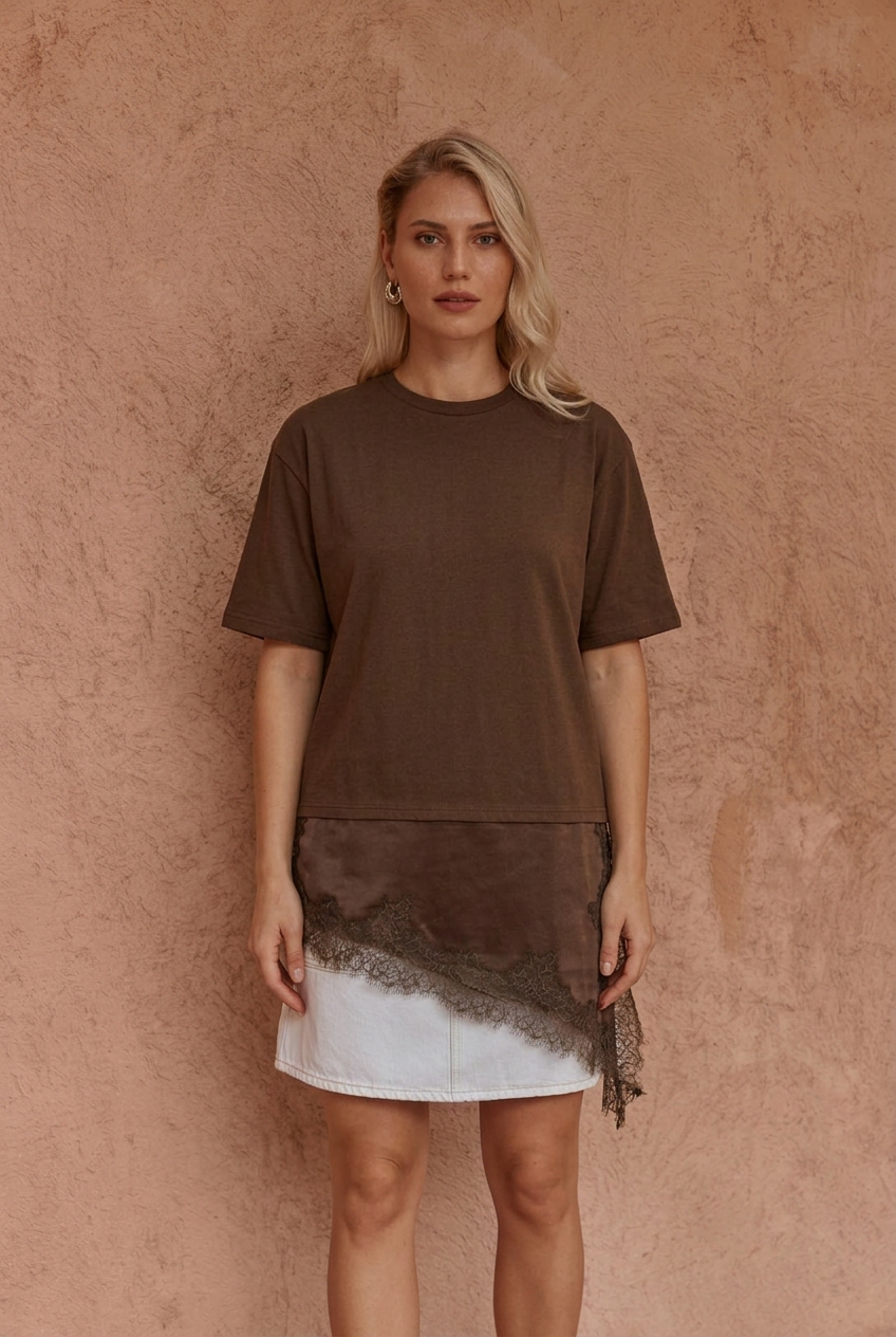 Arlo Jersey Lace Tee - Chocolate
