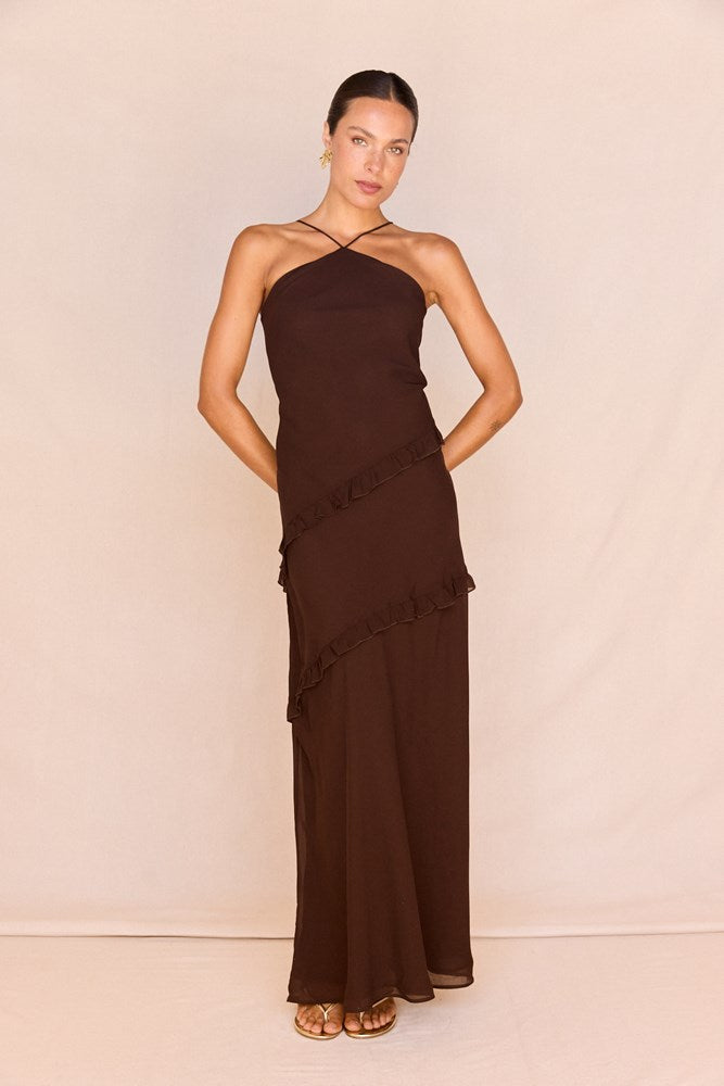 Harper Ruffle Dress in Chocolate – women's maxi dress by SASS