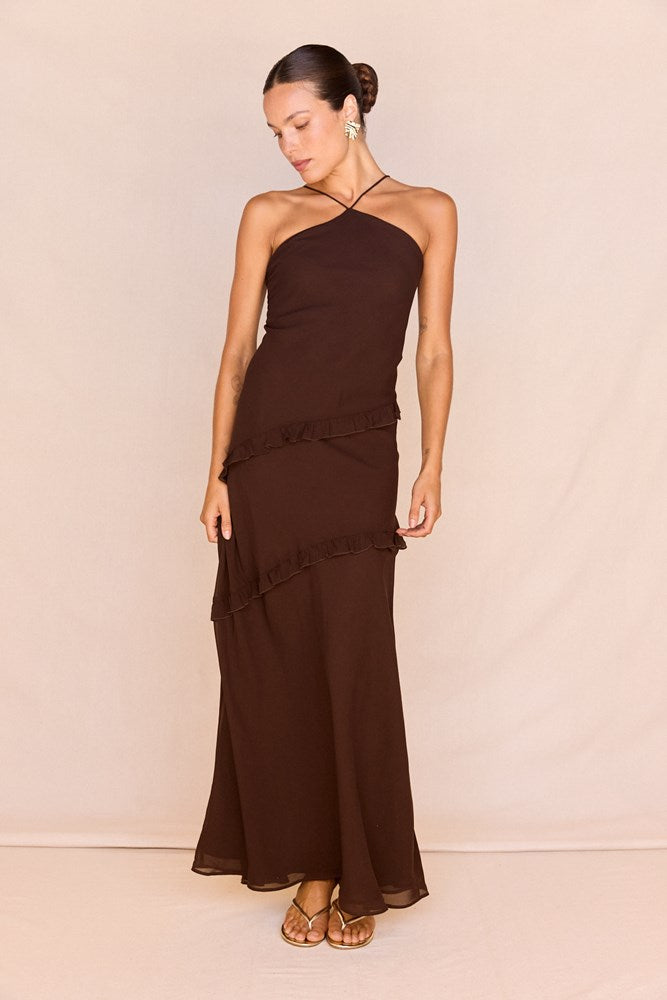 Harper Ruffle Dress in Chocolate – women's maxi dress by SASS