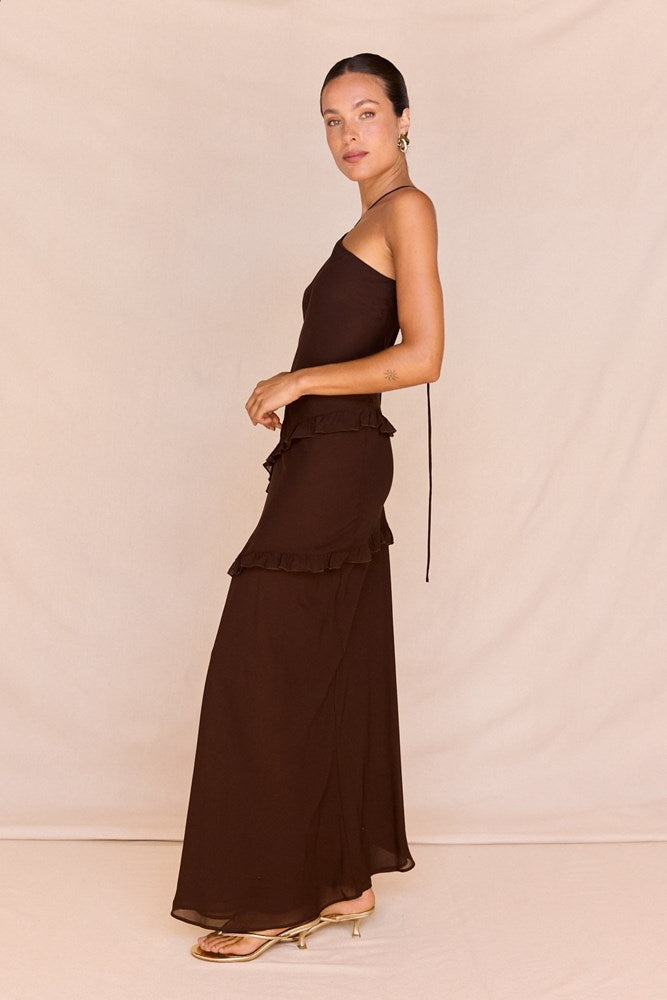Harper Ruffle Dress in Chocolate – women's maxi dress by SASS