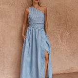 Kinny Stripe One Shoulder Dress in Blue White – women's dress by SASS