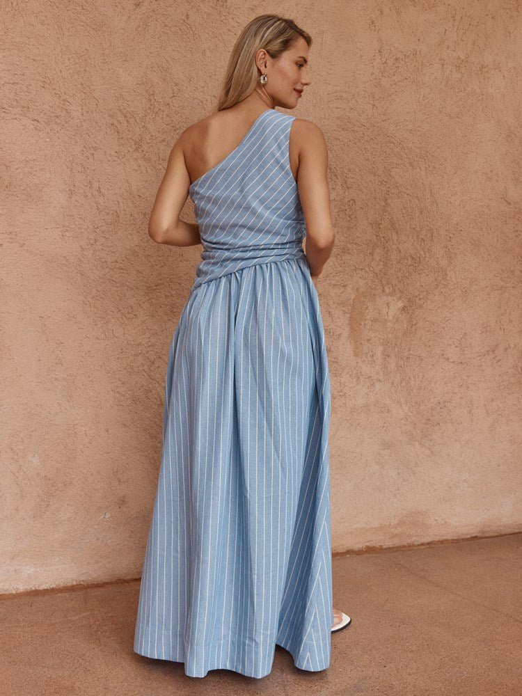 Kinny Stripe One Shoulder Dress in Blue White – women's dress by SASS