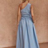 Kinny Stripe One Shoulder Dress - Blue White