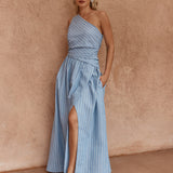 Kinny Stripe One Shoulder Dress - Blue White