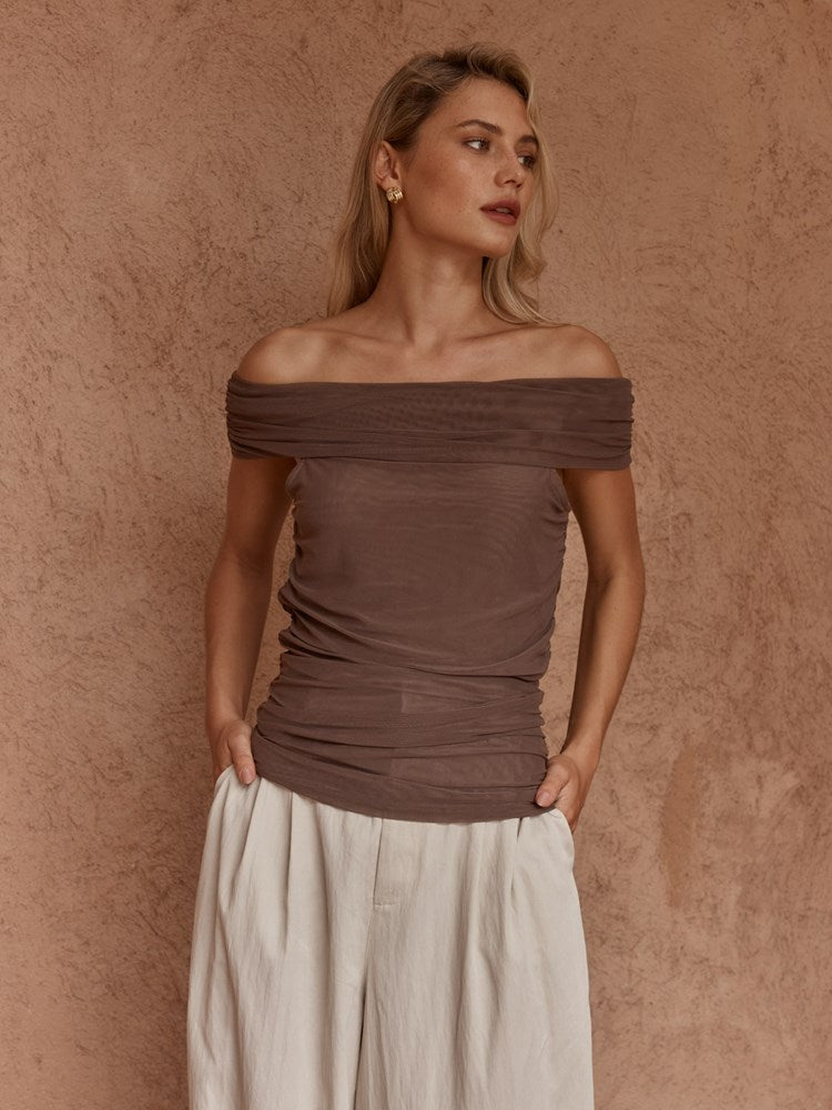 Jordan Off Shoulder Top in Chocolate – women's top by SASS