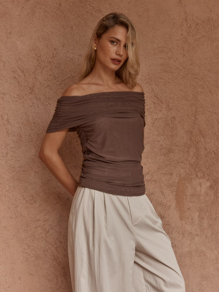 Jordan Off Shoulder Top in Chocolate – women's top by SASS