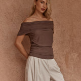 Jordan Off Shoulder Top in Chocolate – women's top by SASS