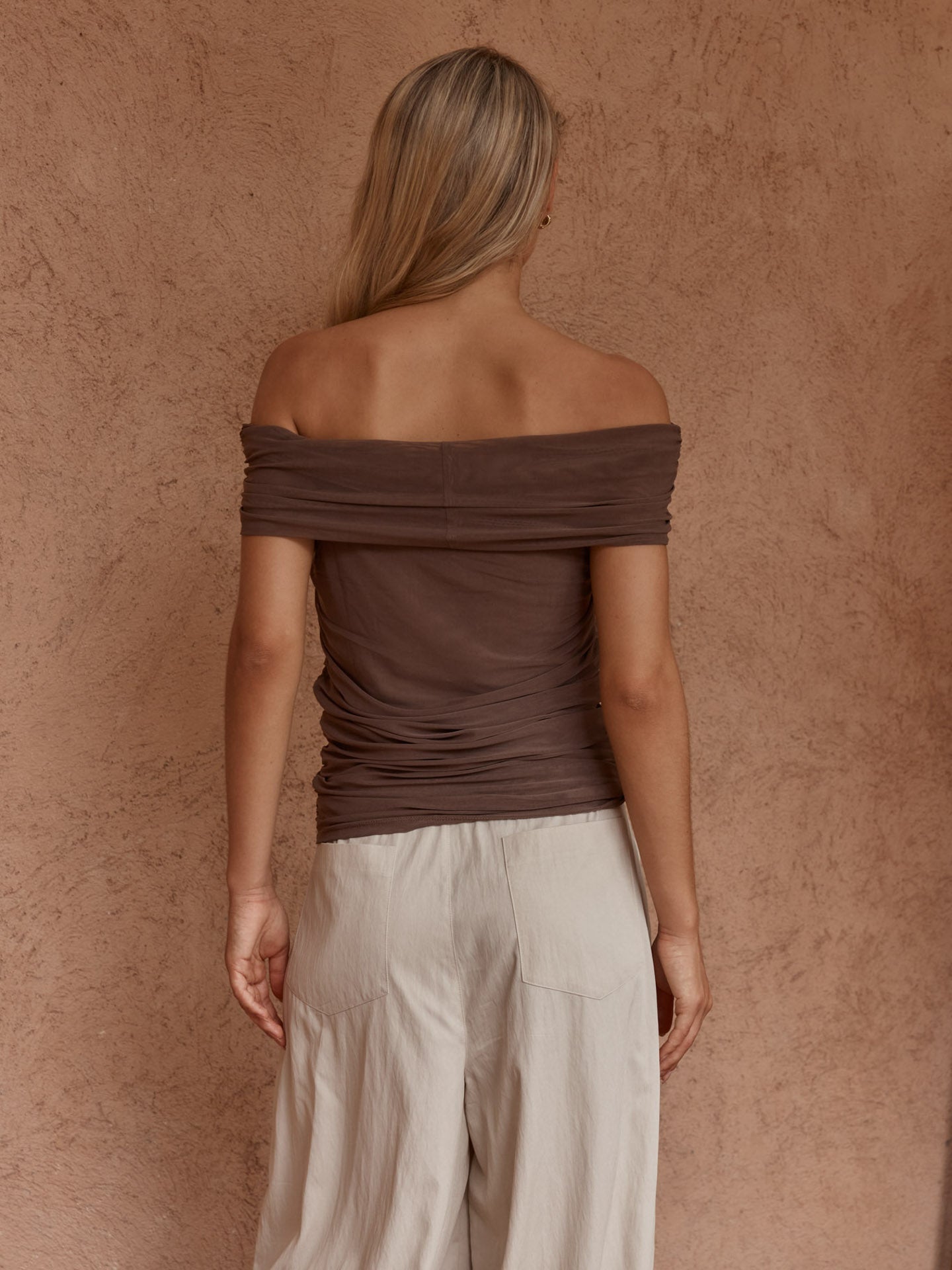 Jordan Off Shoulder Top in Chocolate – women's top by SASS