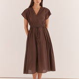 Nazalia Tie Waist Dress - Chocolate