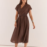 Nazalia Tie Waist Dress - Chocolate