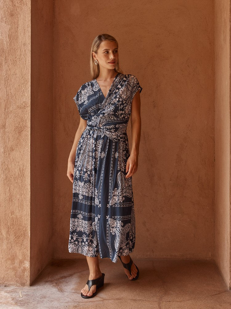 Zendeya Twist Midi Dress in Bandana Print – women's dress by SASS