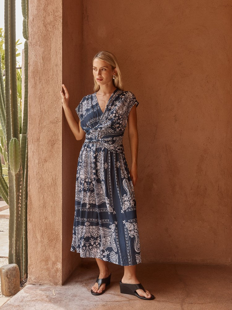 Zendeya Twist Midi Dress in Bandana Print – women's dress by SASS