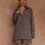 Marty Piped Stripe Shirt in Choc Stripe – women's shirt by SASS
