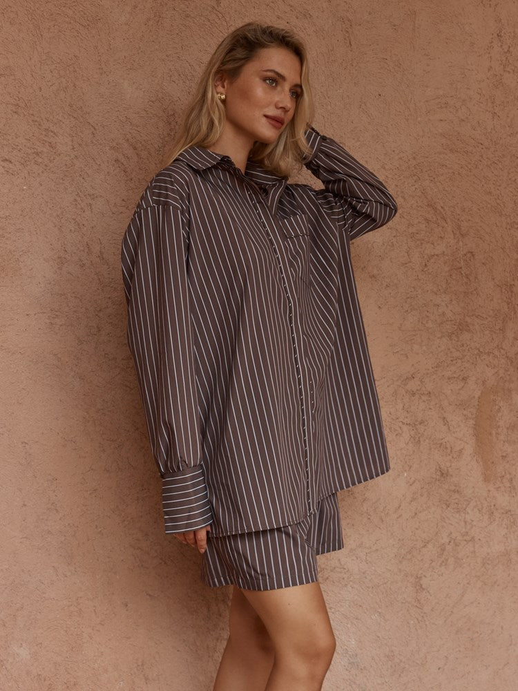 Marty Piped Stripe Shirt in Choc Stripe – women's shirt by SASS