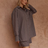 Marty Piped Stripe Shirt in Choc Stripe – women's shirt by SASS