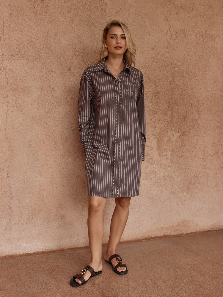 Mel Stripe Shirt Dress in Choc Stripe – women's dress by SASS