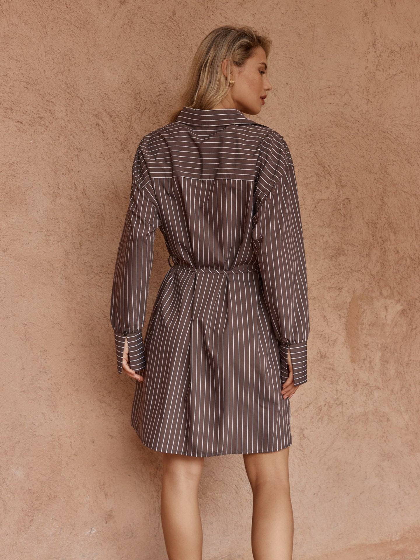 Mel Stripe Shirt Dress in Choc Stripe – women's dress by SASS