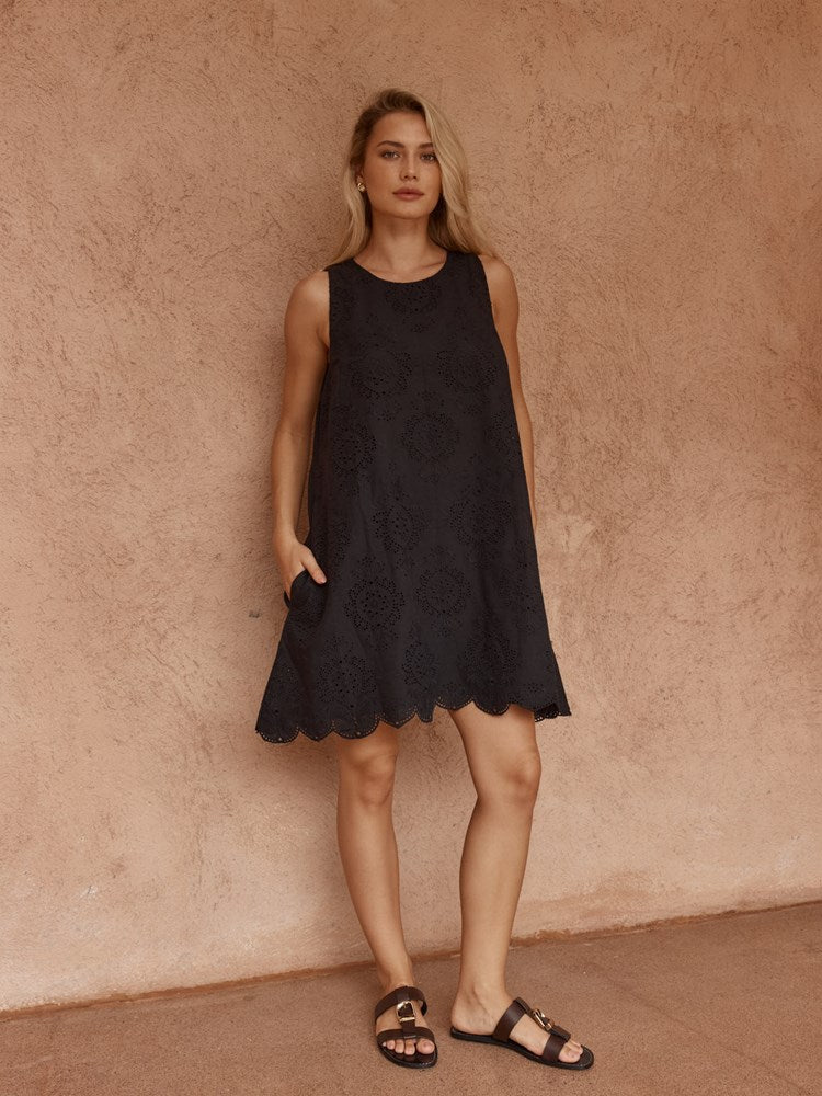 Mavis Broderie Shift Dress in Black – women's dress by SASS