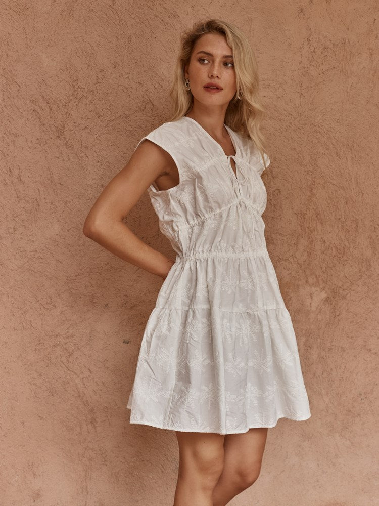Ivie Embroidered Tie Dress in White – women's dress by SASS