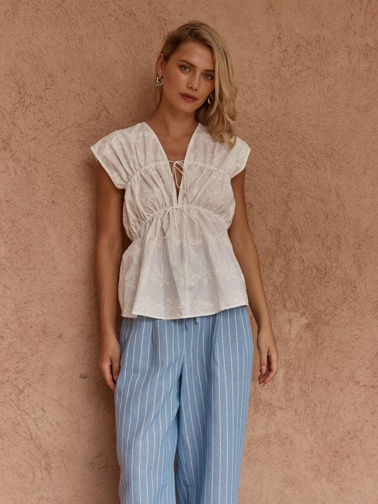 Bobbie Embroidered Tie Top in White – women's top by SASS