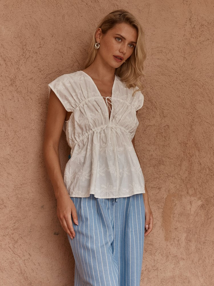 Bobbie Embroidered Tie Top in White – women's top by SASS