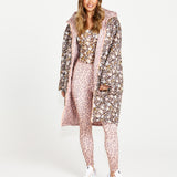 Alessia Reversible Long Puffer Jacket - Chocolate Floral/Pink Cheetah