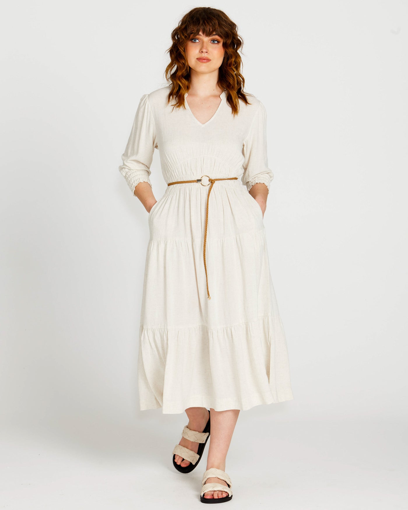 Portia Elastic Waist Tiered Midi Flowy Dress Oatmeal Beige Sass Clothing