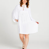 Rava Boho Smock Flowy Mini Dress  - White