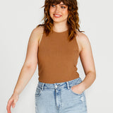 Aubrey High Neck Cotton Basic Singlet - Brown