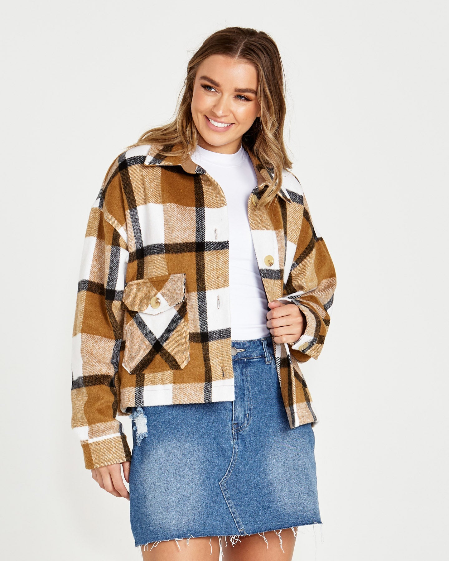 Augusta Cropped Shacket - Tan Cream Check - Sass Clothing