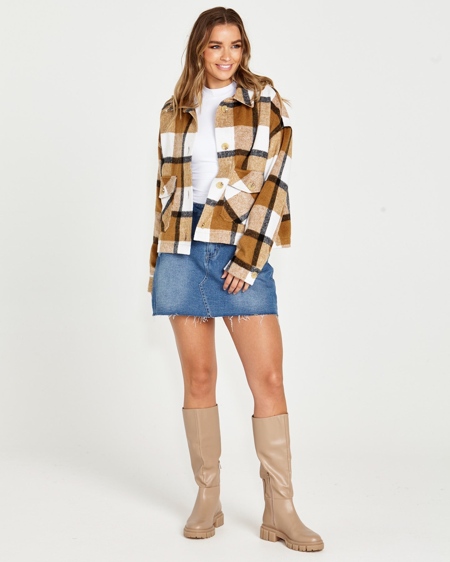 Augusta Cropped Shacket - Tan Cream Check - Sass Clothing