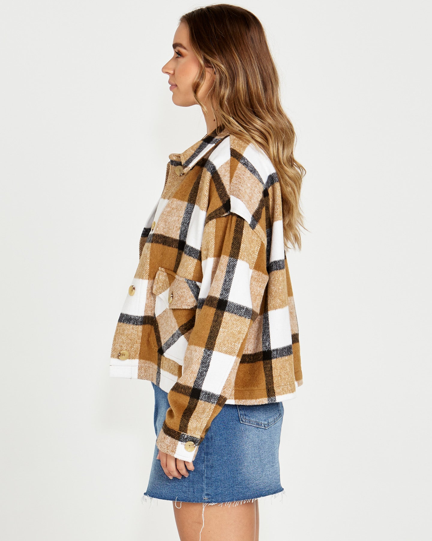 Augusta Cropped Shacket - Tan Cream Check - Sass Clothing