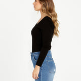 Elaine V-Neck Long Sleeve Cotton Basic Top - Black - Sass Clothing