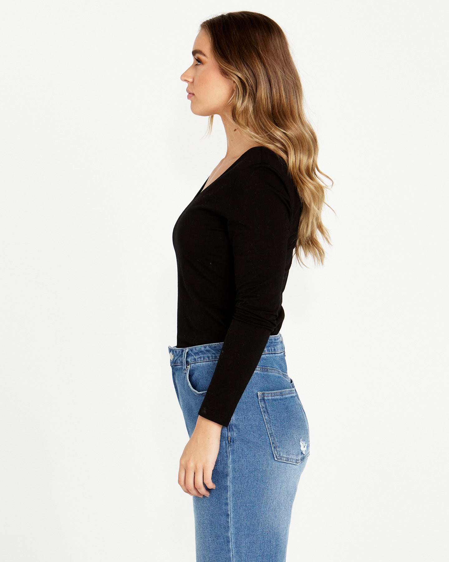 Elaine V-Neck Long Sleeve Cotton Basic Top - Black - Sass Clothing