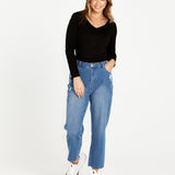 Elaine V-Neck Long Sleeve Cotton Basic Top - Black - Sass Clothing